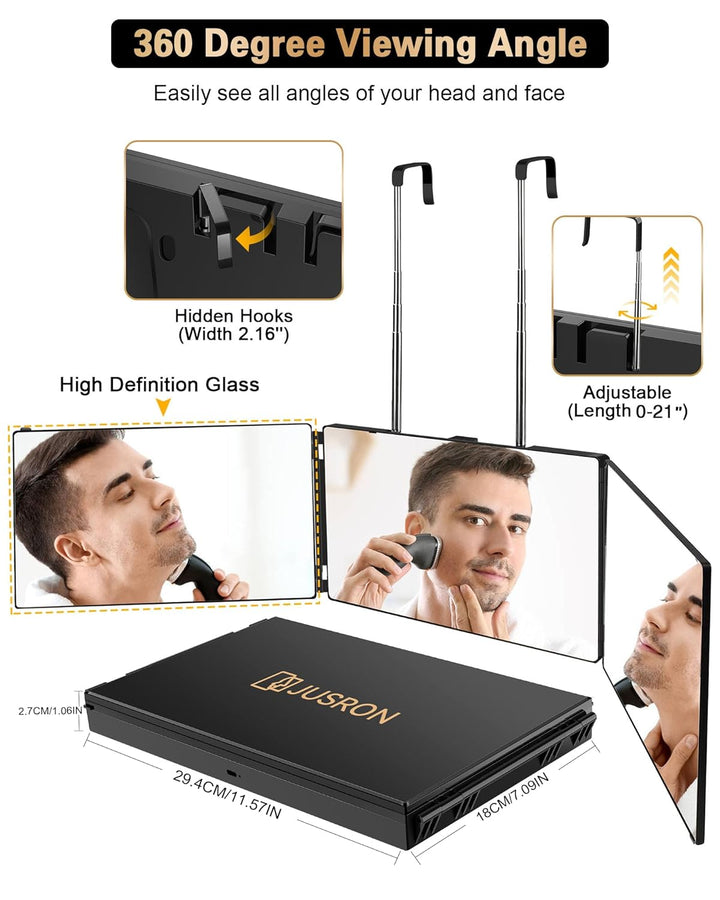 JUSRON Espejo de corte de pelo automático con ángulo de visión 360,...