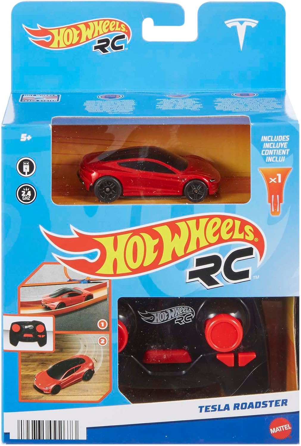 Hot Wheels Coche de juguete RC Tesla Roadster en escala 1:64, vehíc...