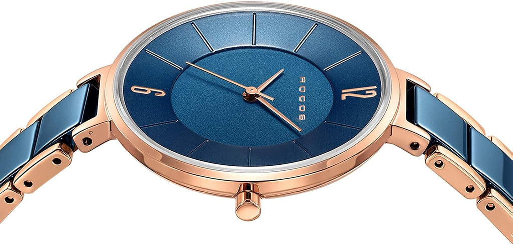 ROCOSJEWE Reloj analógico de cuarzo de cerámica para mujer, esfera azul con acento de oro rosa, diseño ultrafino, cierre de mariposa, relojes impermeables de 98.4 ft para mujer