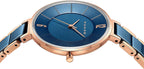 ROCOSJEWE Reloj analógico de cuarzo de cerámica para mujer, esfera azul con acento de oro rosa, diseño ultrafino, cierre de mariposa, relojes impermeables de 98.4 ft para mujer