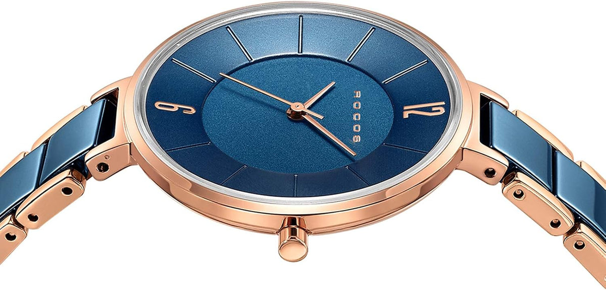 ROCOSJEWE Reloj analógico de cuarzo de cerámica para mujer, esfera azul con acento de oro rosa, diseño ultrafino, cierre de mariposa, relojes impermeables de 98.4 ft para mujer