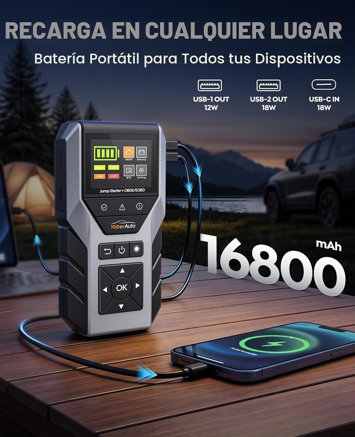 YaberAuto arrancador portátil del salto del coche 6000A con el escáner OBD2