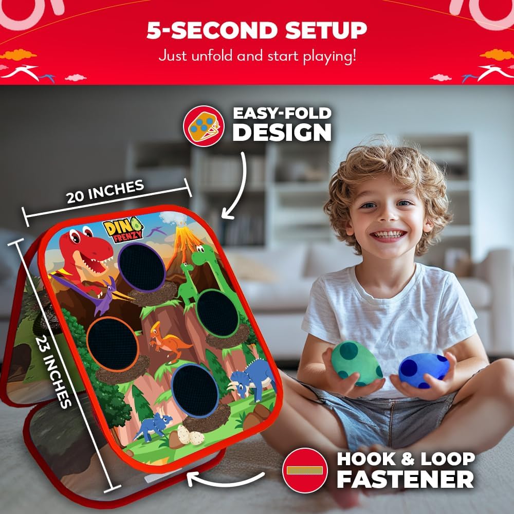 Swooc Games® - Dino Frenzy | Juegos de Corn Hole 2 en 1 para niños | Configuración de 5 segundos | Juego de lanzamiento de bolsas de frijoles de dinosaurio para niños | Juego de Cornhole para niños |
