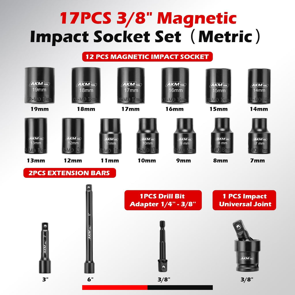 Juego de 17 piezas de enchufe de impacto magnético de 3/8 de pulgada, métrico, 7mm-19mm, 6 puntas, Cr-Mo, accionamiento cuadrado, enchufe magnético con junta universal, adaptador de broca y