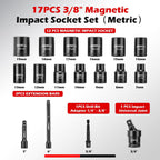 Juego de 17 piezas de enchufe de impacto magnético de 3/8 de pulgada, métrico, 7mm-19mm, 6 puntas, Cr-Mo, accionamiento cuadrado, enchufe magnético con junta universal, adaptador de broca y