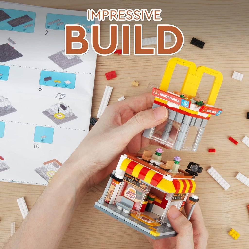 HIGH GODO City Street View - Juego de construcción de hamburguesas, modelo creativo MOC, juguetes de modelo creativo, decoración única para el hogar, ideas para regalo de cumpleaños (244 piezas)