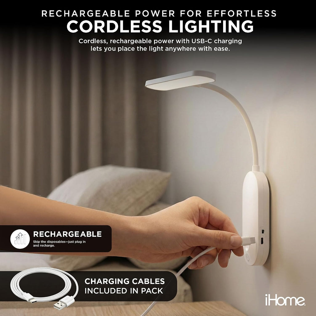 Lámpara iHome Lámpara de pared recargable con cuello de cisne ajustable, controles táctiles, tonos de color regulables, cálidos y fríos
