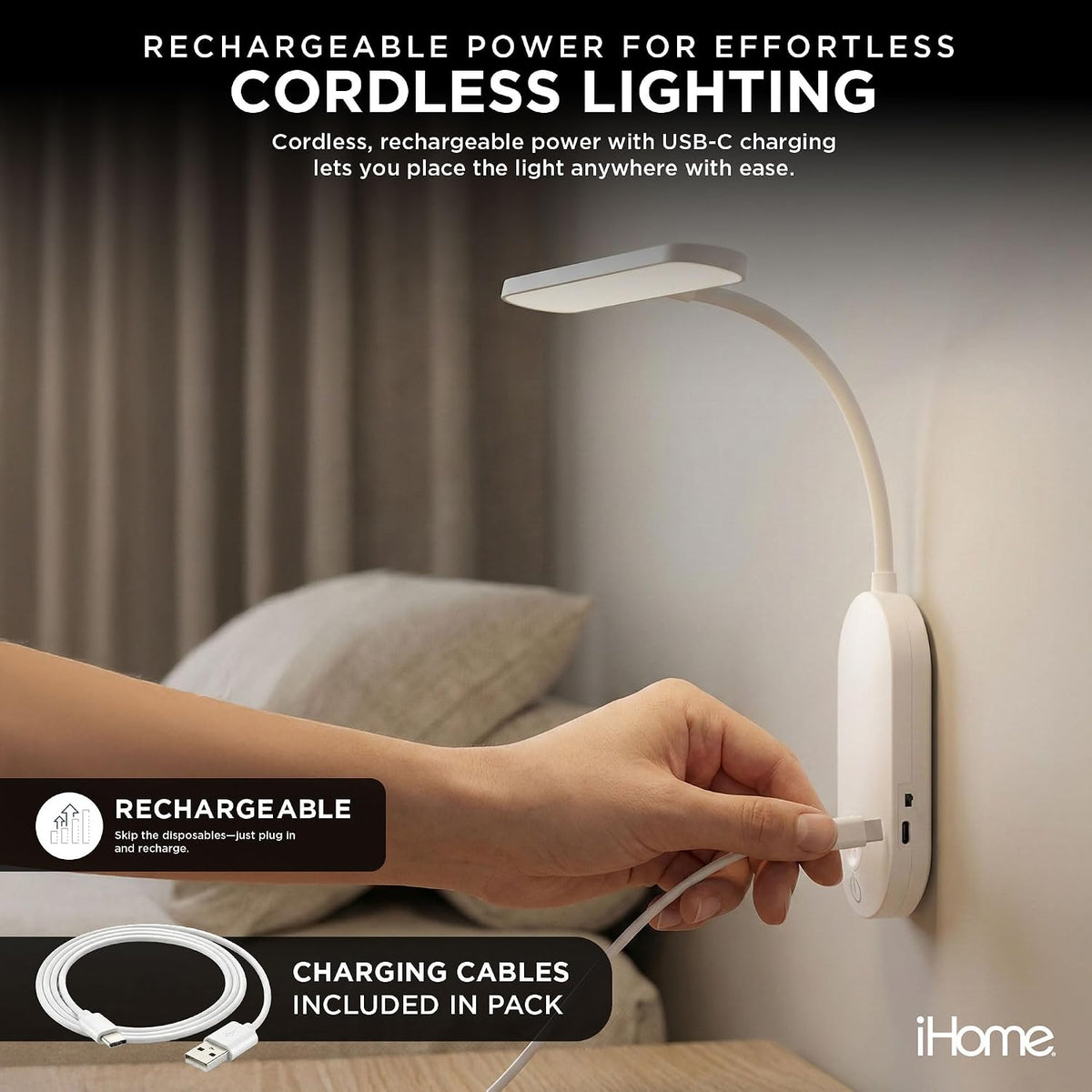 Lámpara iHome Lámpara de pared recargable con cuello de cisne ajustable, controles táctiles, tonos de color regulables, cálidos y fríos