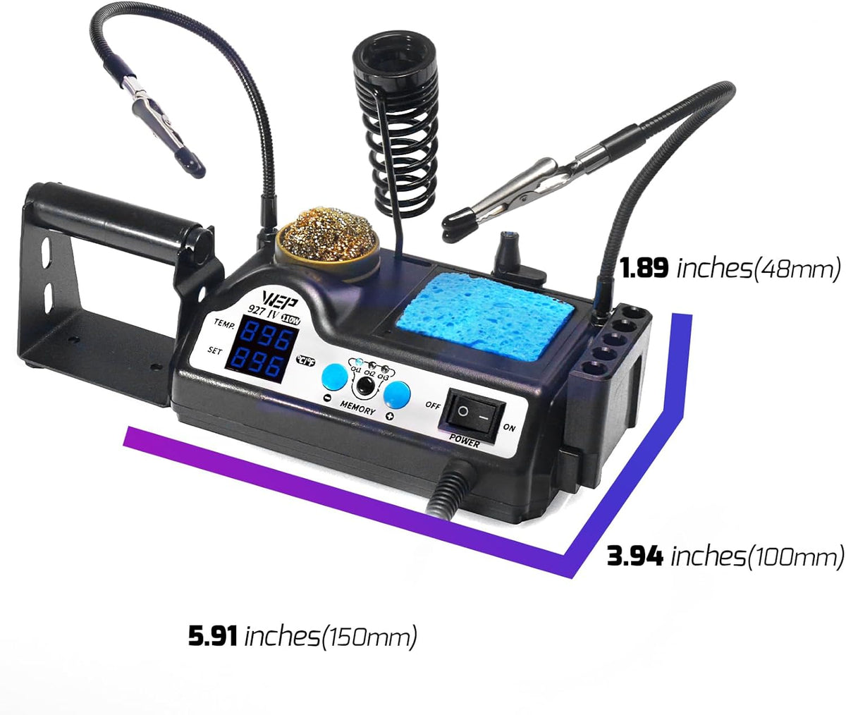Kit de estación de soldadura WEP 927-IV de alta potencia de 110 W con 3 canales preestablecidos, modo de suspensión, lupa LED, 5 puntas de soldadura adicionales, limpiador de puntas, 2 manos de ayuda