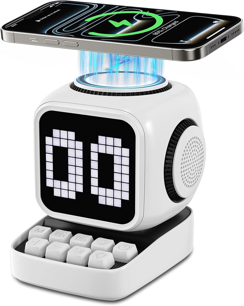 Altavoz Bluetooth 5 en 1 de robot retro: cargador inalámbrico de 15 W, pantalla LED de píxeles, sonido estéreo de 10 W y 15 ruido blanco, reloj despertador, lindo altavoz inalámbrico portátil para
