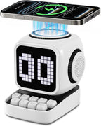 Altavoz Bluetooth 5 en 1 de robot retro: cargador inalámbrico de 15 W, pantalla LED de píxeles, sonido estéreo de 10 W y 15 ruido blanco, reloj despertador, lindo altavoz inalámbrico portátil para