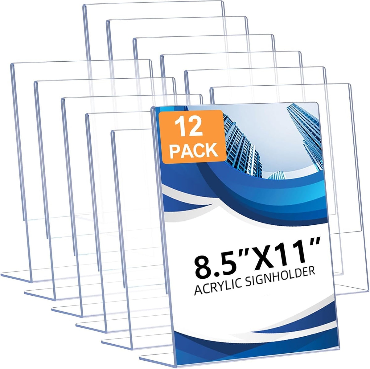 12 Pack Acrylic Sign Holder 8.5 x 11, Clear Plastic Display Stands para Tabletop, L-Shape Acrylic Stands para Flyers, Documents, Office, Restaurants, Vertical Sign Holder 8.5x11 para Desktop