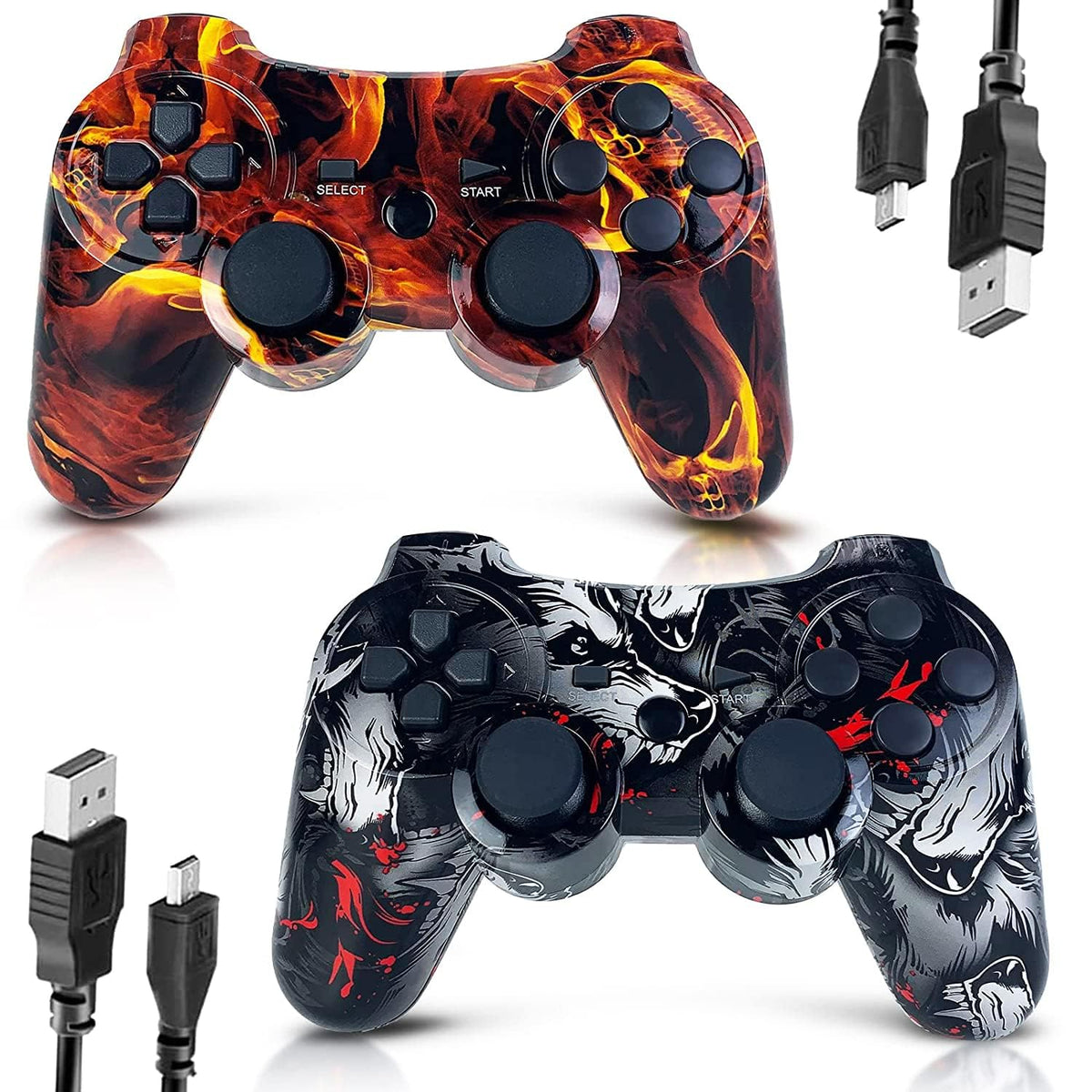 CHENGDAO Controlador para PS3 Controlador 2 Pack para PlayStation 3 Controlador Inalámbrico de Alto Rendimiento con Doble Vibración Control de Movimiento, Flame&Wolf