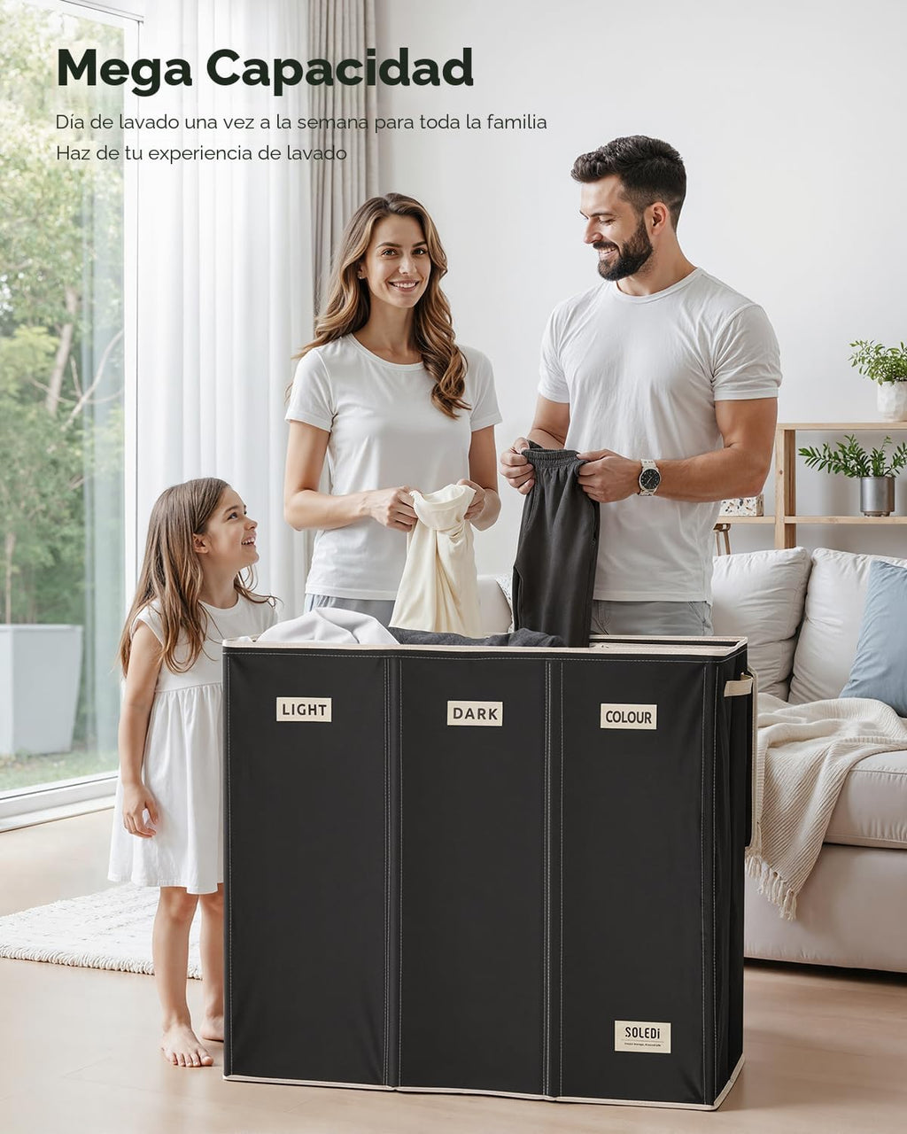 SOLEDI Cesta de lavandería de 3 secciones de 200 litros con tapa, cesta de ropa sucia extragrande con asas resistentes para lavandería y dormitorio, organizador duradero para clasificar la ropa sucia