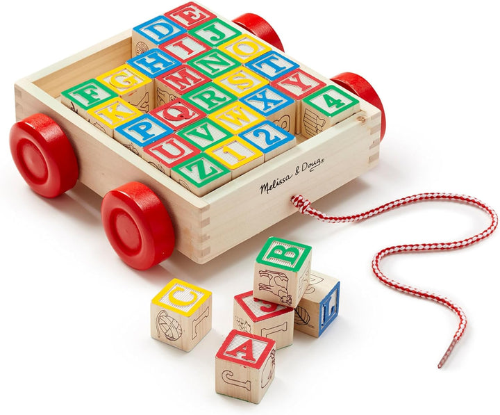 Melissa & Doug Carro de Bloques de Madera Clásico ABC, Juguete Educativo con 30 Bloques de Madera Maciza de 1 Pulgada, Multicolor