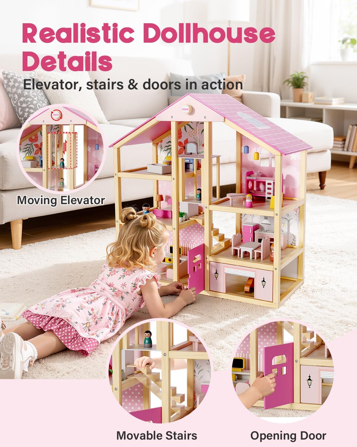 Casa de muñecas de madera para niñas y niños de 3 a 8 años, casa de