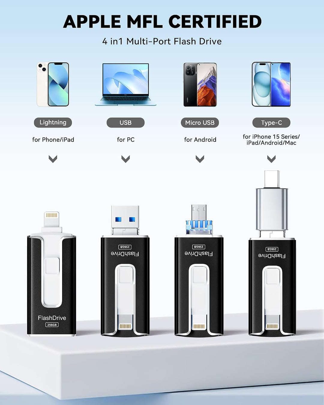 Unidad flash con certificación MFi para iPhone iPad de 256 GB, barr...