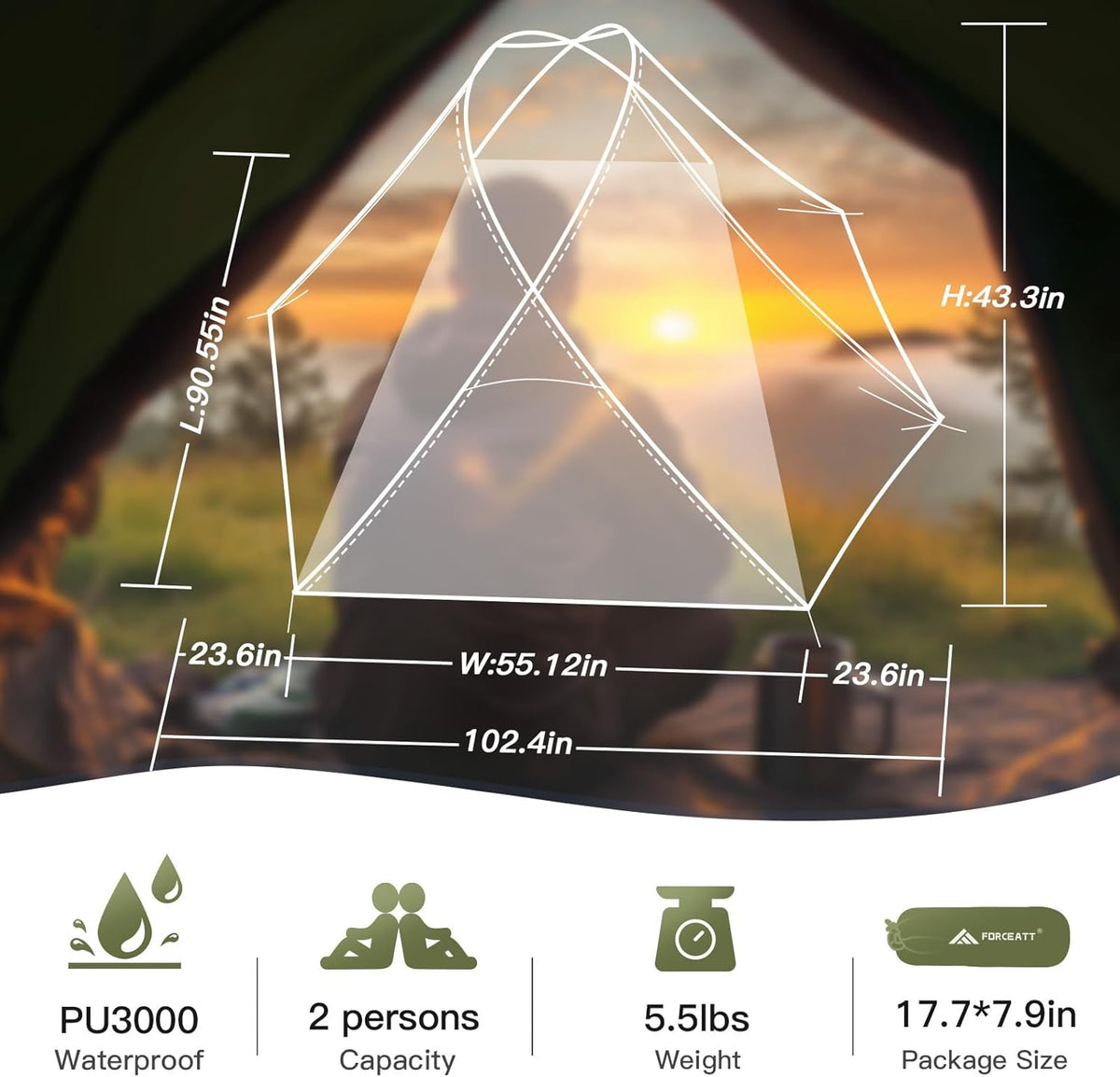 Forceatt Tienda de Campaña para 2 Personas, Tienda de Mochileros Impermeable y Resistente al Viento, Tienda Instantánea Ultraligera con Protección contra la Lluvia para Acampar, Senderismo