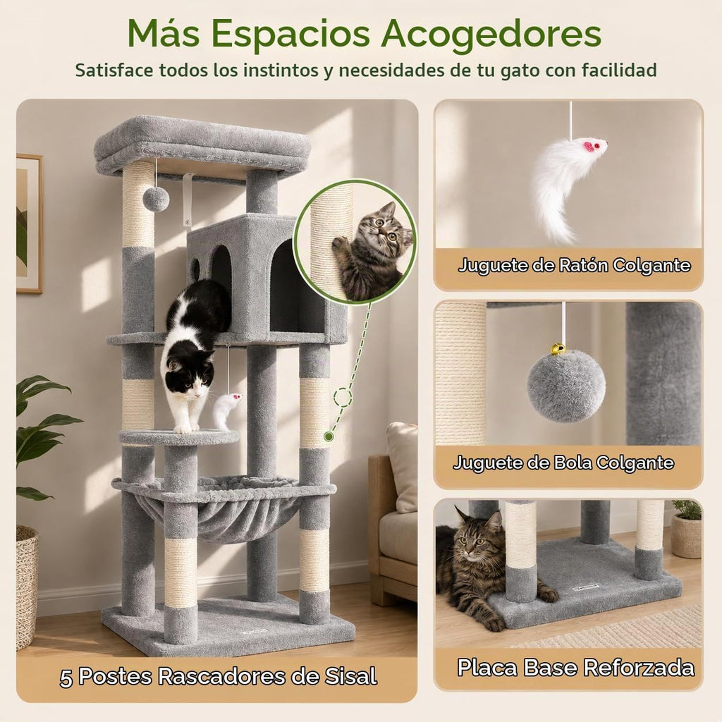 Globlazer - Árbol para gatos con torre y poste para rascar para gatos de interior, de 53 pulgadas de altura; casa de gatos de varios niveles de felpa con hamaca grande, cueva espaciosa para gatos