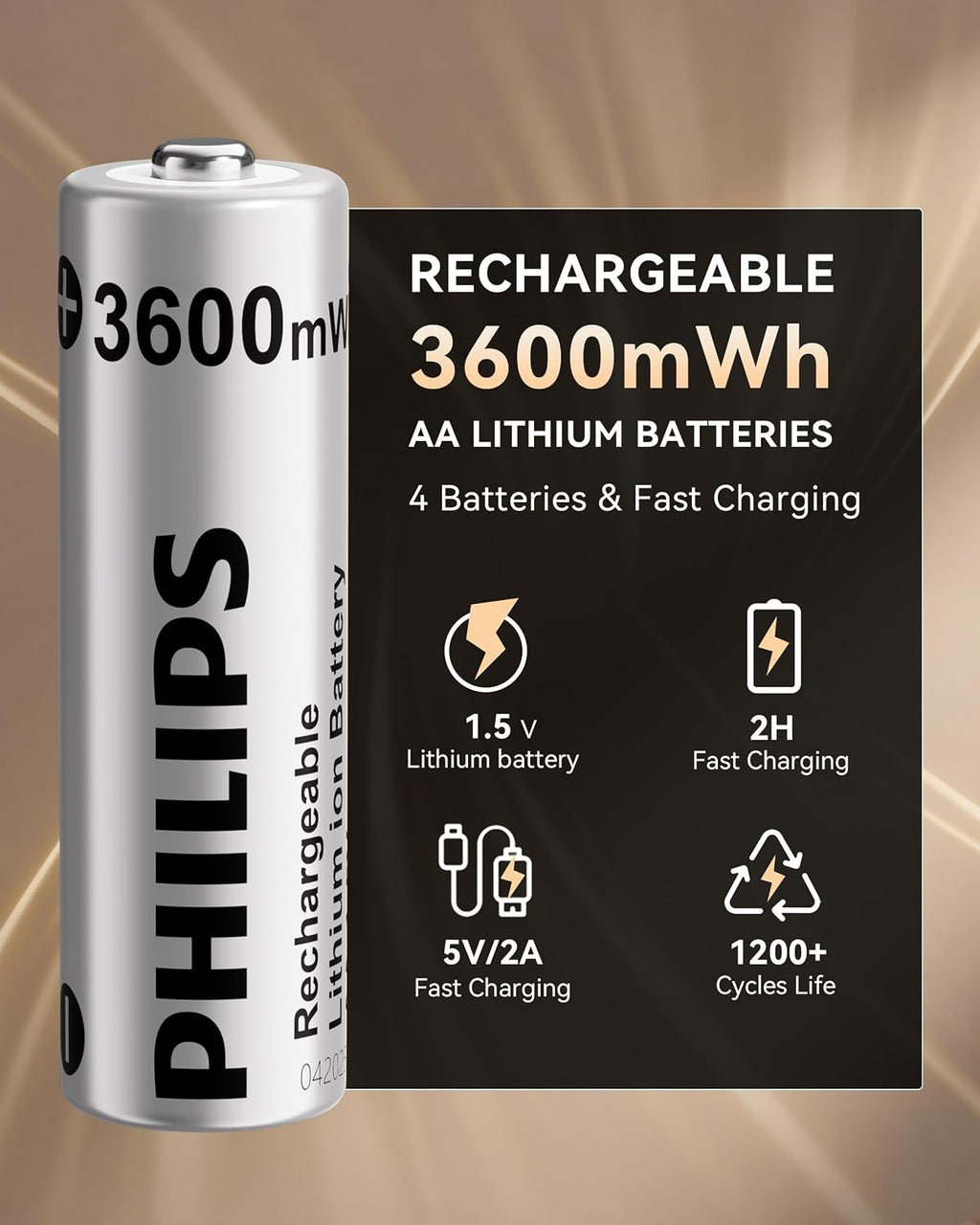 Lámpara PHILIPS Batería de litio AA recargable, paquete de 4, batería de iones de litio de 1.5 V 3600 mWh, 1200 baterías de larga duración funciona con controladores de juego