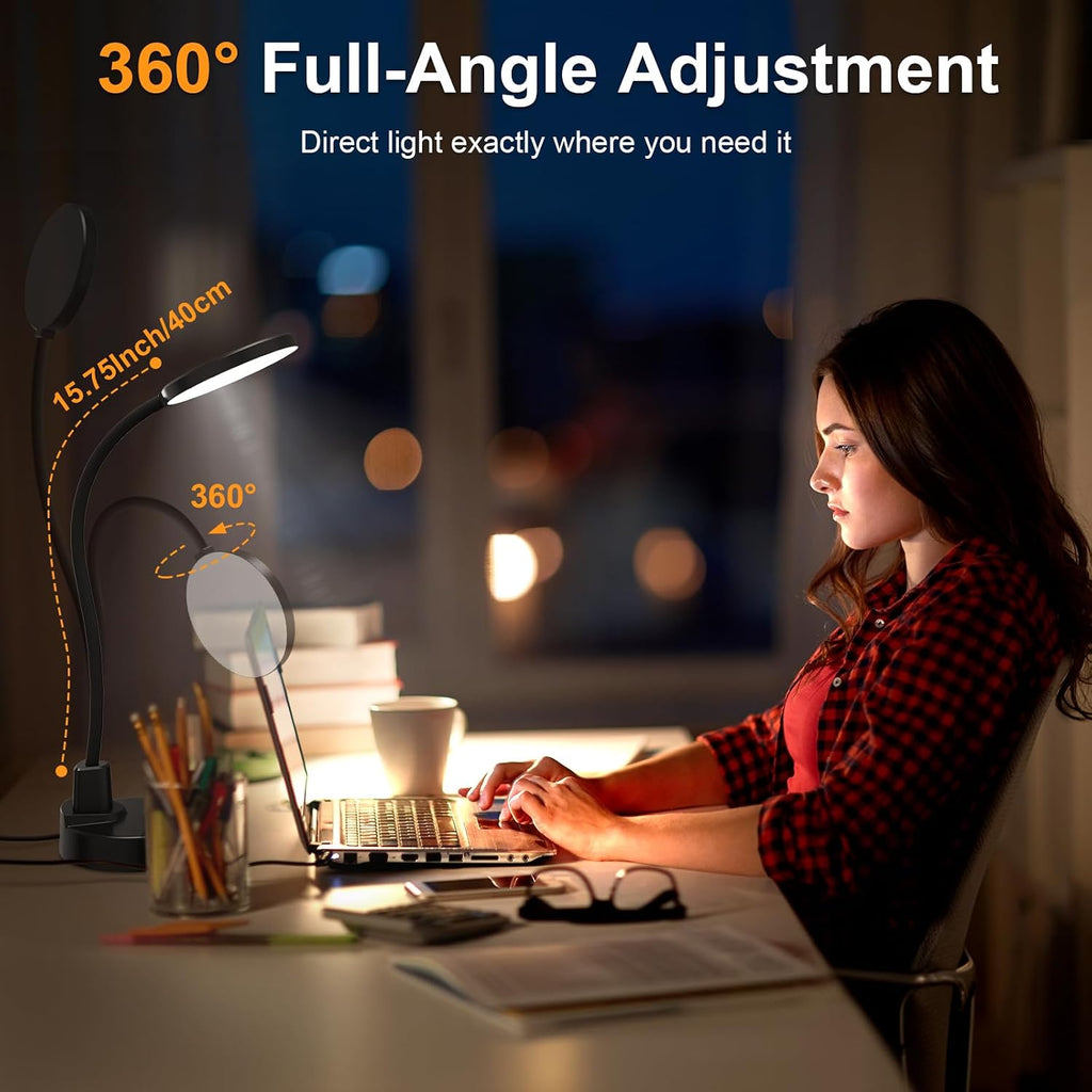 Lámpara Lámpara de escritorio LED de 15 W con puertos de carga USB, lámpara de mesa regulable con 3 temperaturas de color, 5 brillo, 4 temporizadores, luz de cuello de cisne flexible con base