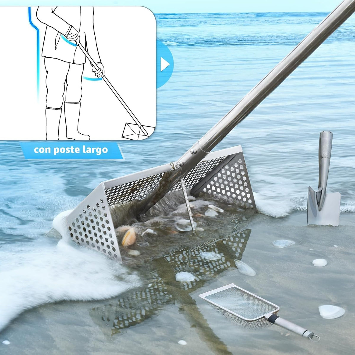 Rastrillo para pulgas de arena, tamiz de arena de mango largo para la playa, tamiz de dientes de tiburón de acero inoxidable viene con una pantalla de malla de 16 pulgadas de ancho para recoger pulgas