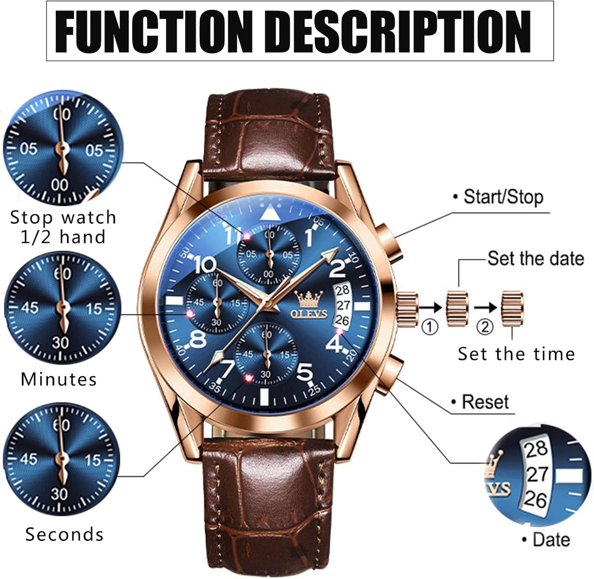 OLEVS Reloj de vestir de cuero para hombre, casual, cuarzo, marrón, pulsera, con fecha