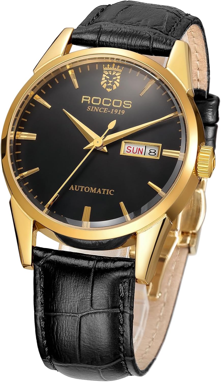 ROCOSJEWE Reloj automático para hombre, esqueleto, calendario, pantalla de día, correa de lujo de cuero negro, reloj de vestir, regalo R0101, esquema de color negro y dorado