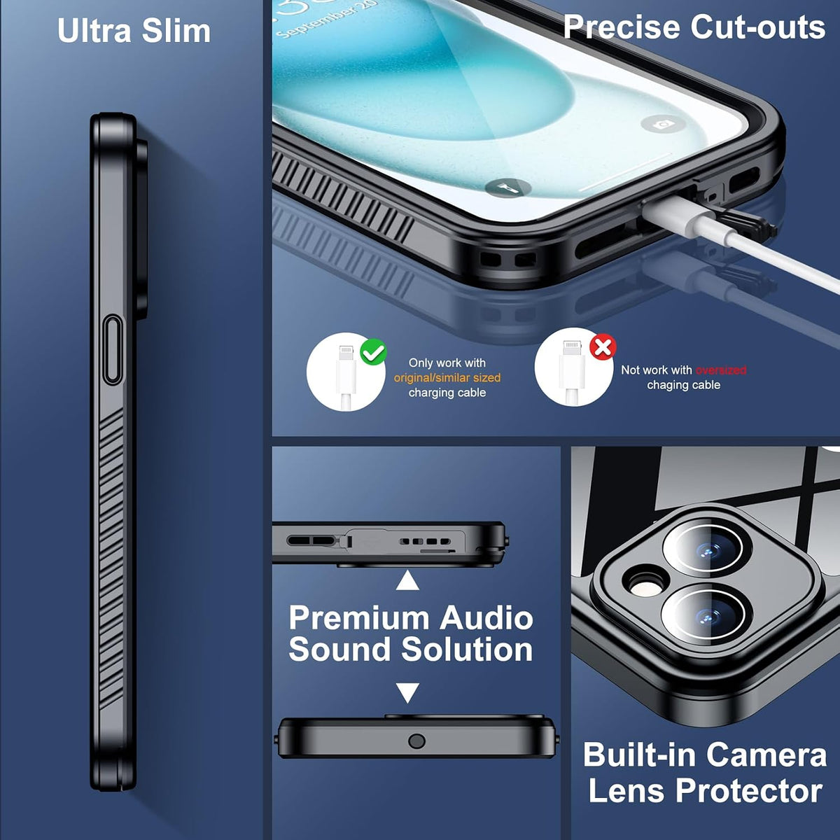 SPIDERCASE Funda impermeable para iPhone 15, lente y protector de pantalla integrados, protección de alta resistencia, 12 pies, funda militar a prueba de golpes, a prueba de polvo, color negro