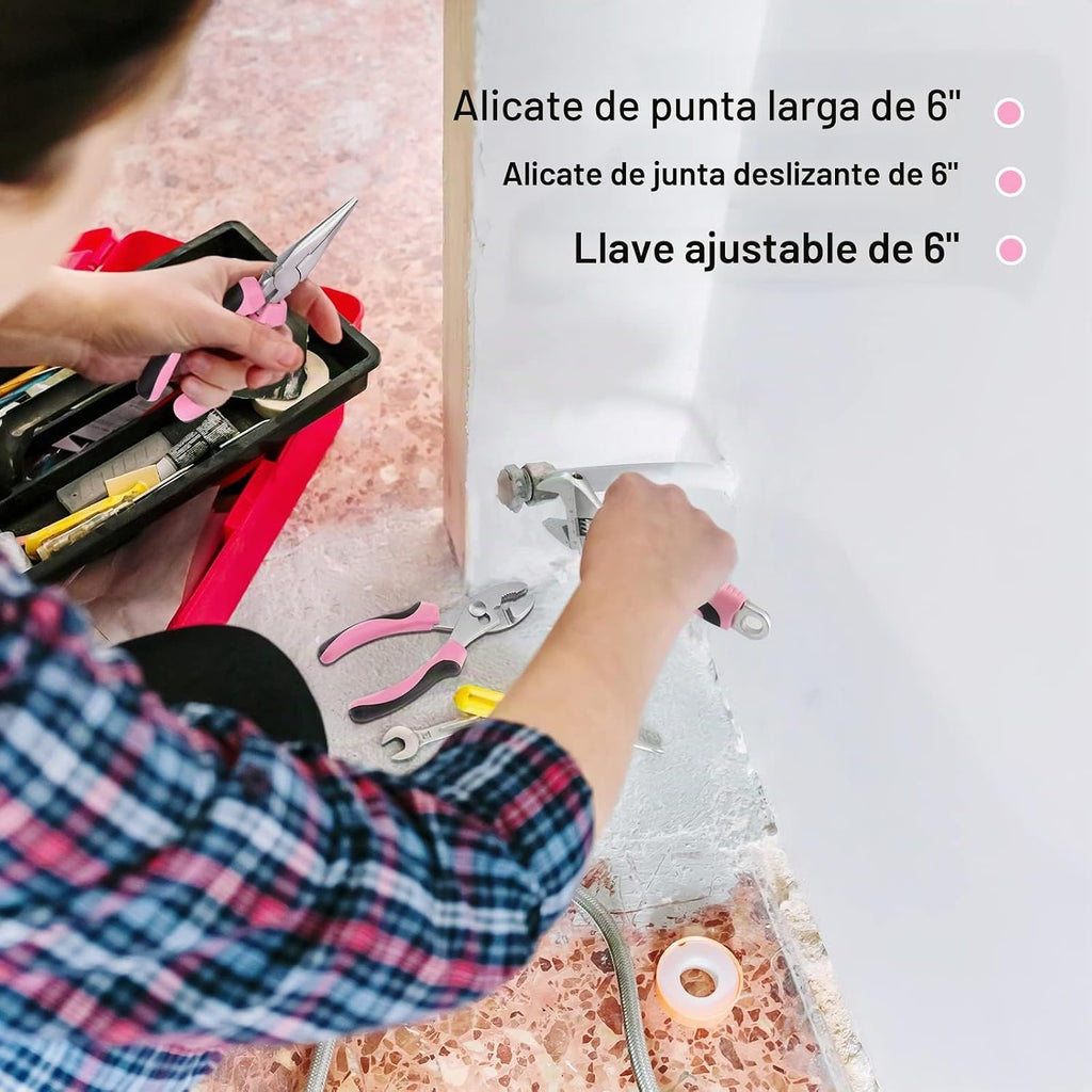 WORKPRO Kit de herramientas rosa, juego de herramientas de reparación del hogar de 263 piezas con bolsa de almacenamiento abierta de boca ancha, kit de herramientas para el hogar, cinta rosa