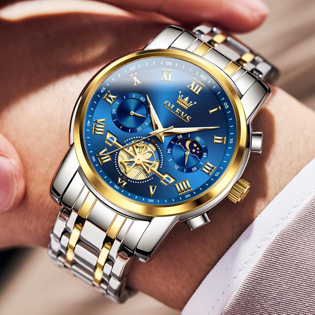 OLEVS Relojes de Oro para Hombres Reloj de Pulsera de Lujo a Prueba de Agua Gran Cara Elegante Acero Inoxidable Analógico Cuarzo Fecha Cronógrafo Luminoso Lectura Fácil Relojes de Negocios Regalos para Hombres Graduación