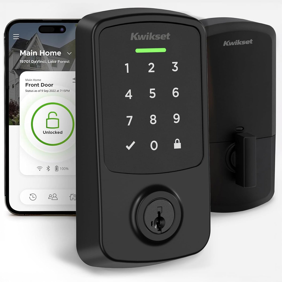 Kwikset Aura Reach Cerradura Inteligente Matter sobre Thread y Bluetooth Entrada sin Llave Cerrojo para Puerta, Certificada BHMA, Activación por Proximidad, Desbloqueo Automático por Geovalla Negro Mate