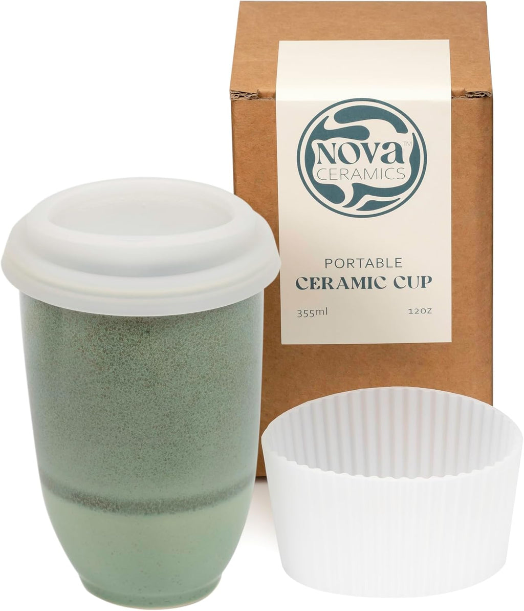 NOVA CERAMICS Taza de viaje – Vaso de café de viaje – Taza de café On the Go – Vaso de café verde apto para microondas y lavavajillas – Regalos para mujeres, hombres, él y ella – 12 oz – Esmeralda