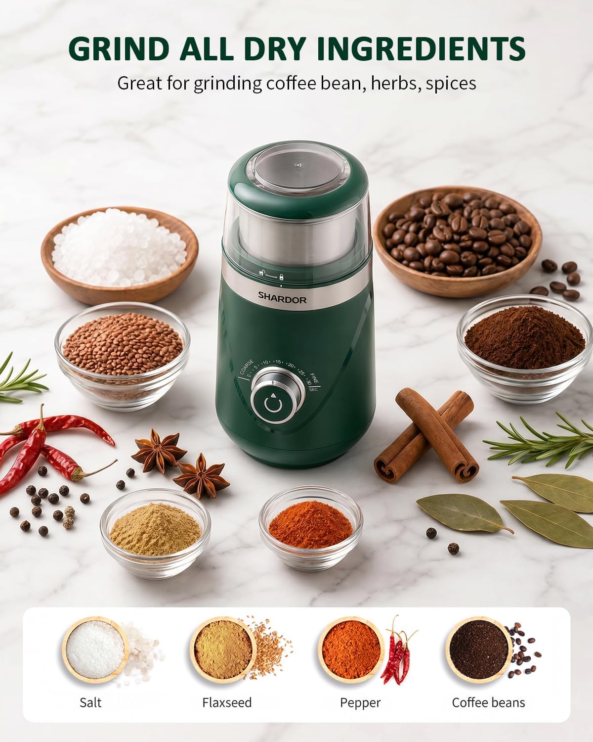 SHARDOR Molinillo de café eléctrico de hoja súper silenciosa, perilla giratoria de control de molienda temporizada, ajustable grueso a fino para granos de café, especias y hierbas, con 2 cuencos de