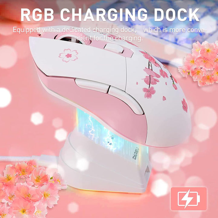DAREU Ratón inalámbrico Sakura rosa para juegos con base de carga r...