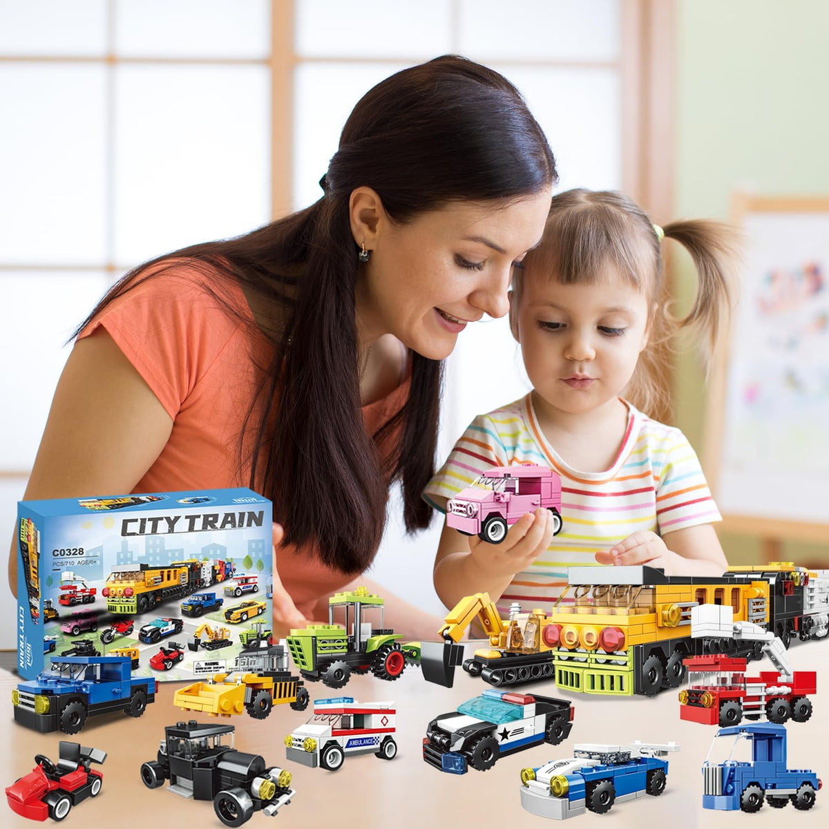 Paquete de 16 bloques de construcción para niños, compatibles con Lego 2 en 1, 710 piezas de kits de construcción de mini ciudad, incluye coche de policía y tren, regalos de juguete de Navidad