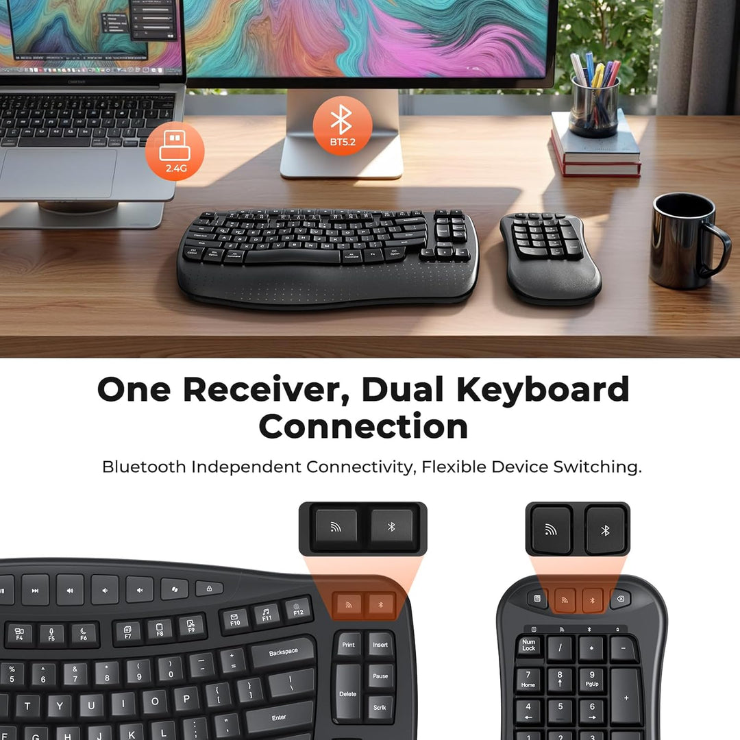 MEETION Wave - Teclado ergonómico, 2.4 GHz, inalámbrico, Bluetooth...