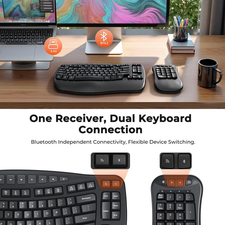 MEETION Wave - Teclado ergonómico, 2.4 GHz, inalámbrico, Bluetooth...