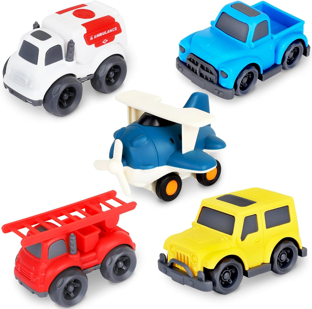 Paquete de 5 juguetes para niños pequeños, autos de juguete, incluyendo avión, camión de bomberos, ambulancia, camión de recogida y Jeep, regalo ideal para edades de 3 a 5 años (los colores pueden variar)