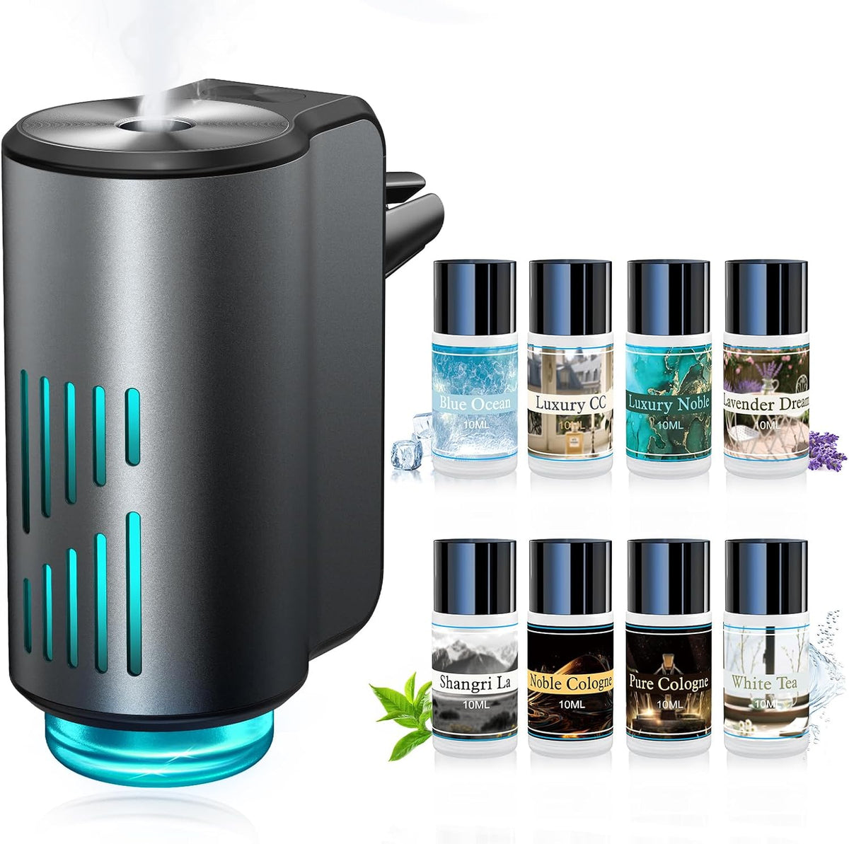 Difusor de ambientador de automóvil, ambientador inteligente para automóvil con tres modos de luz ajustables, aromatizante recargable para carro con 8 piezas de aceite esencial, de larga duración