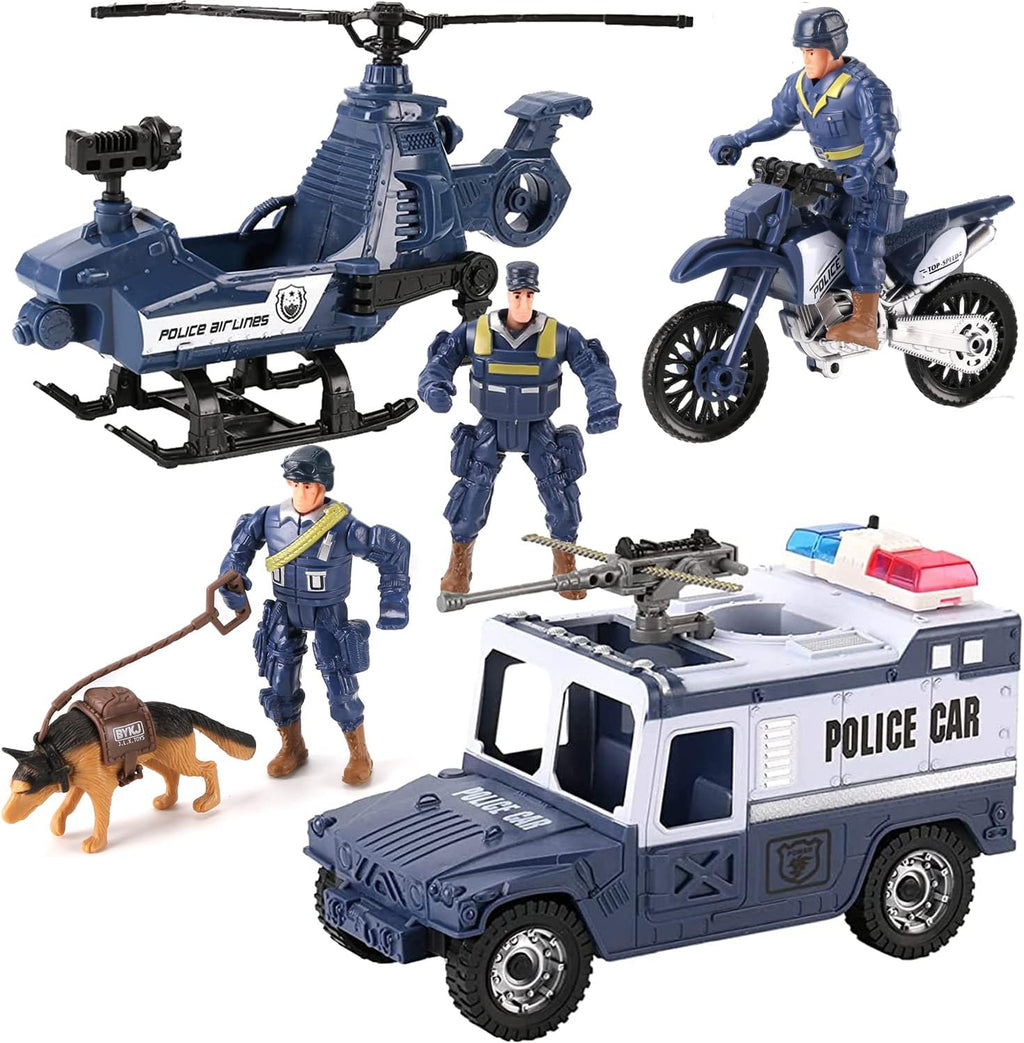 Liberty Imports Juego de 8 Piezas de Vehículos de Juguete y Figuras de Patrulla de Rescate Policial - Helicóptero, Camión SWAT, Motocicleta, Figuras de Acción, K-9, Armas y Accesorios para Juego