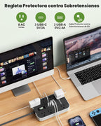 Protector de sobretensiones de regleta de alimentación: cable de extensión de enchufe plano de 5 pies, 8 salidas de CA y 6 puertos USB (3 USB C), protección contra sobretensiones 1080 J, estación de