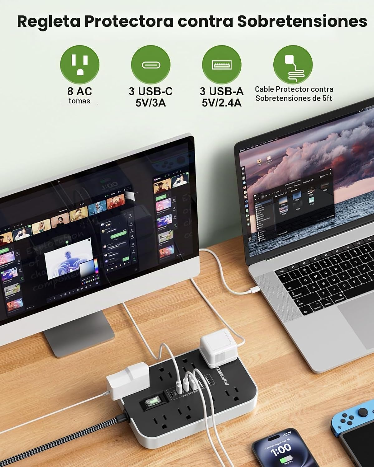 Protector de sobretensiones de regleta de alimentación: cable de extensión de enchufe plano de 5 pies, 8 salidas de CA y 6 puertos USB (3 USB C), protección contra sobretensiones 1080 J, estación de