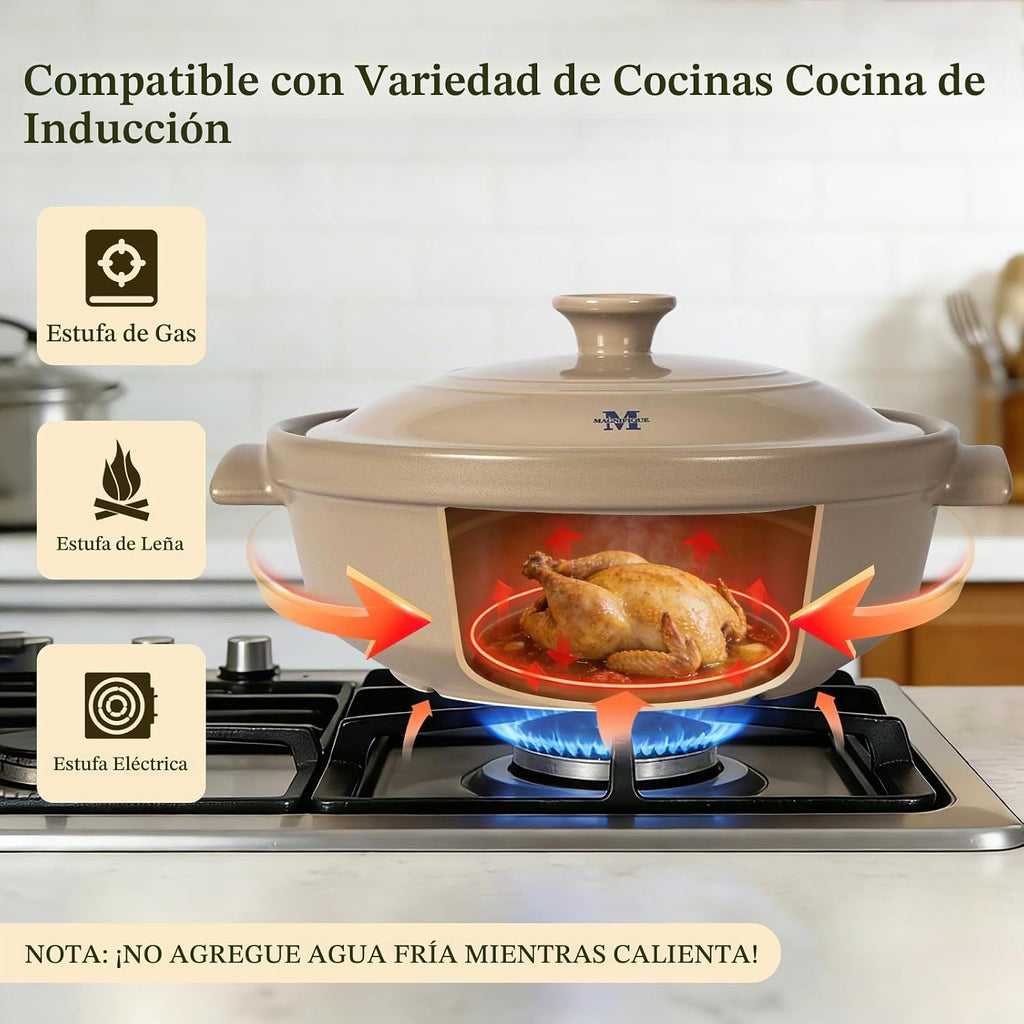 Magnifique - Olla de franela de 5 cuartos de galón con tapa, olla de arcilla natural para cocinar, cacerola no tóxica sin PFAS para horno y estufa, horno holandés para cocción lenta, hornear y servir