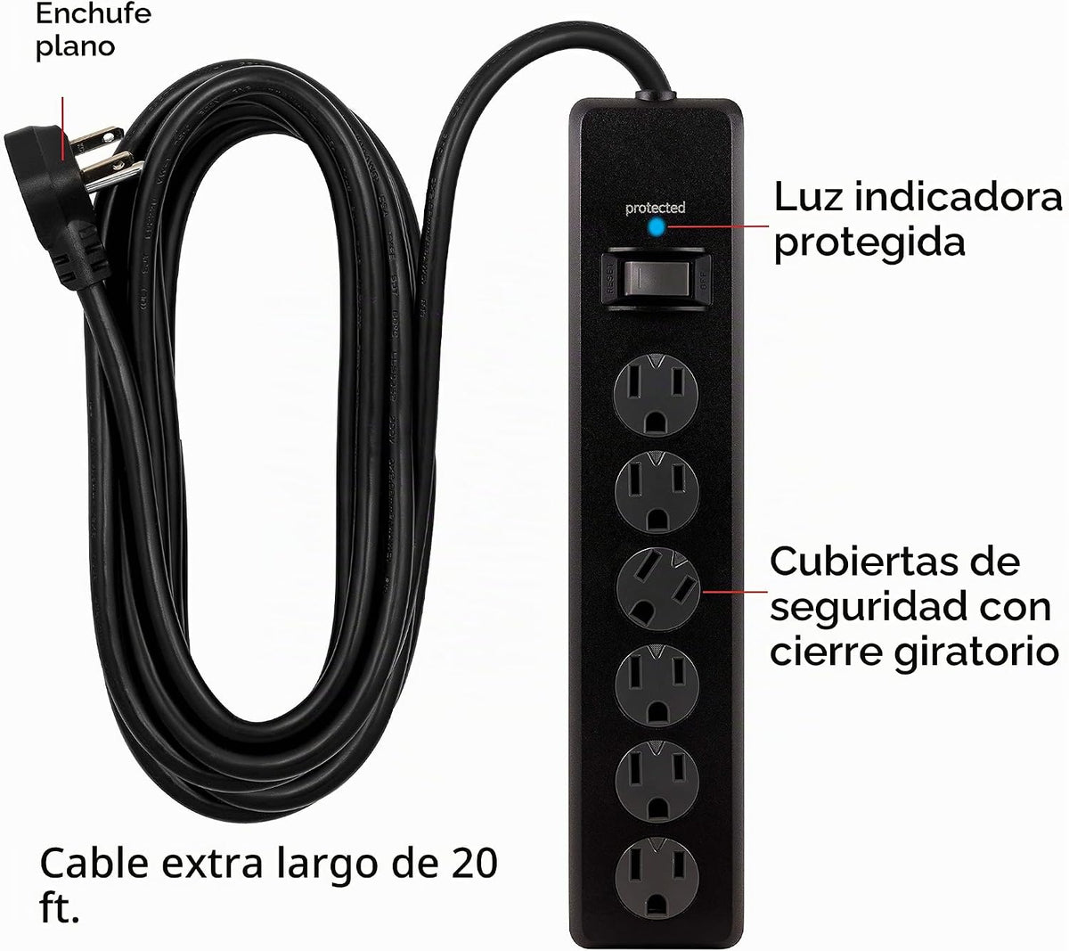 GE - Regleta protectora contra sobretensiones, cable de extensión de 20 pies de largo