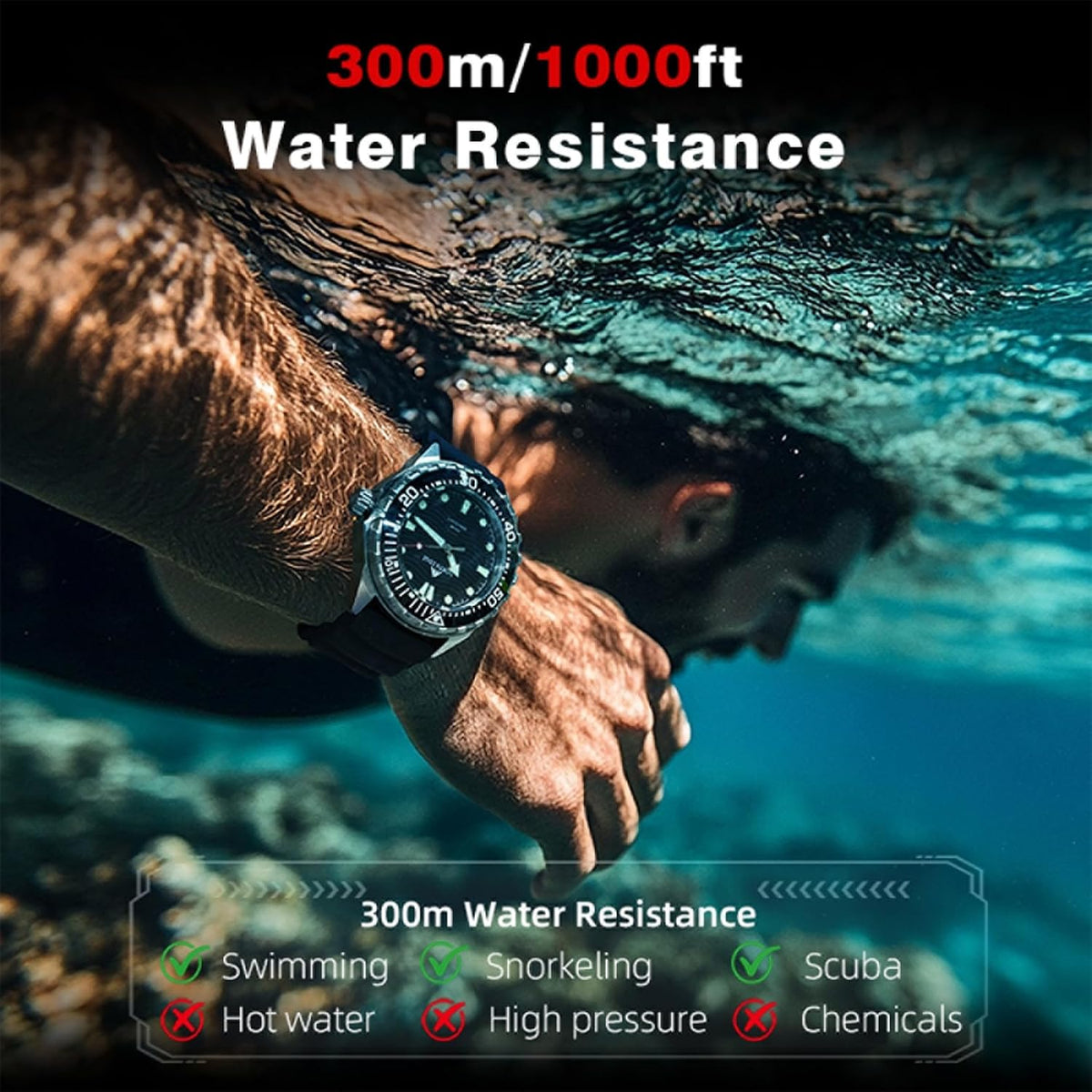Triton - Reloj solar de buceo para hombre, 984.3 ft/1000 pies, resistente al agua, reloj de buceo de cuarzo, batería solar recargable, esfera luminosa, bisel unidireccional, caja de acero