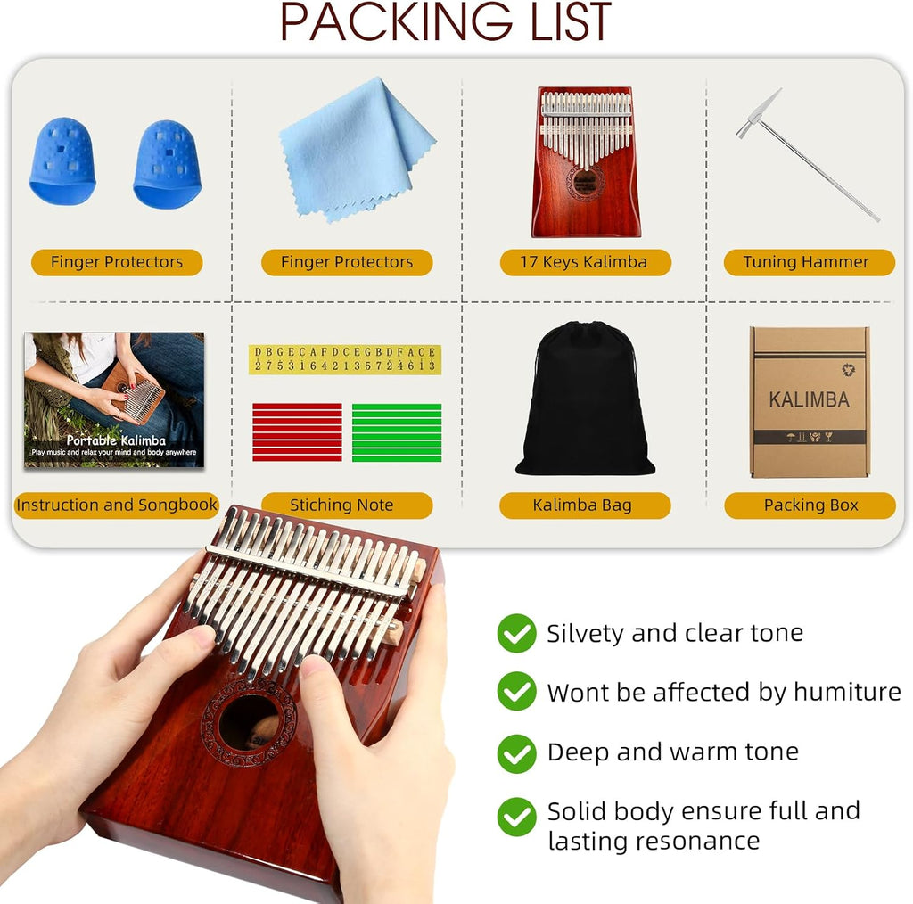 Kalimba Piano de Pulgar, YUNDIE Portátil de 17 Teclas Mbira Piano de Dedo con Martillo de Afinación e Instrucciones de Estudio, Instrumento Musical Regalo para Adultos Principiantes Profesionales
