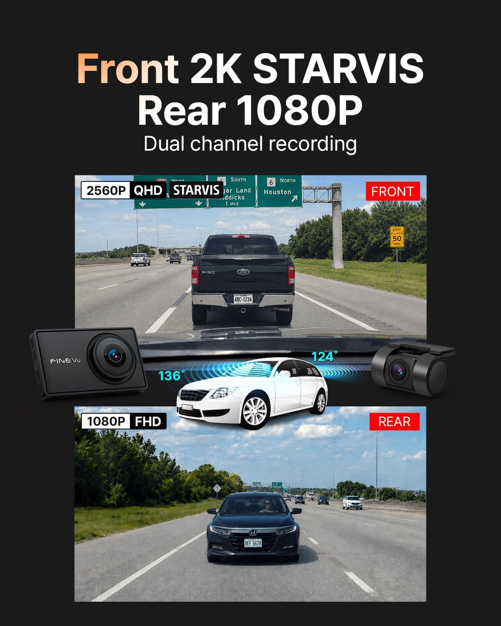 FineVu GX9000 2K QHD Dash Cam Delantera y Trasera, Tarjeta de 64GB gratis