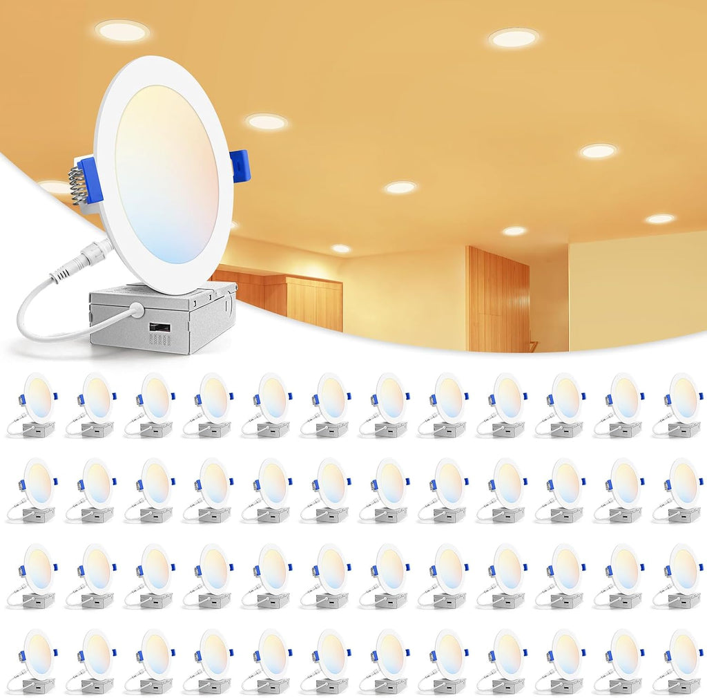 Lámpara VOLISUN 48 paquete de luces empotrables de 6 pulgadas, 5CCT, luz LED ultradelgada con caja de conexiones, 2700K-5000K seleccionable, luz de techo de 1080 lúmenes regulable sin lata, luz LED de techo