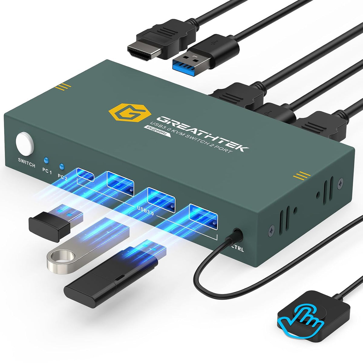 Interruptor KVM USB3.0 2 Puertos HDMI, Interruptor KVM 4K@60Hz 1 Monitor 2 Computadoras con 3 Puertos USB3.0, Interruptores KVM HDMI para 2 PC Comparten 1 Monitor y Dispositivos USB, Soporte Botón de